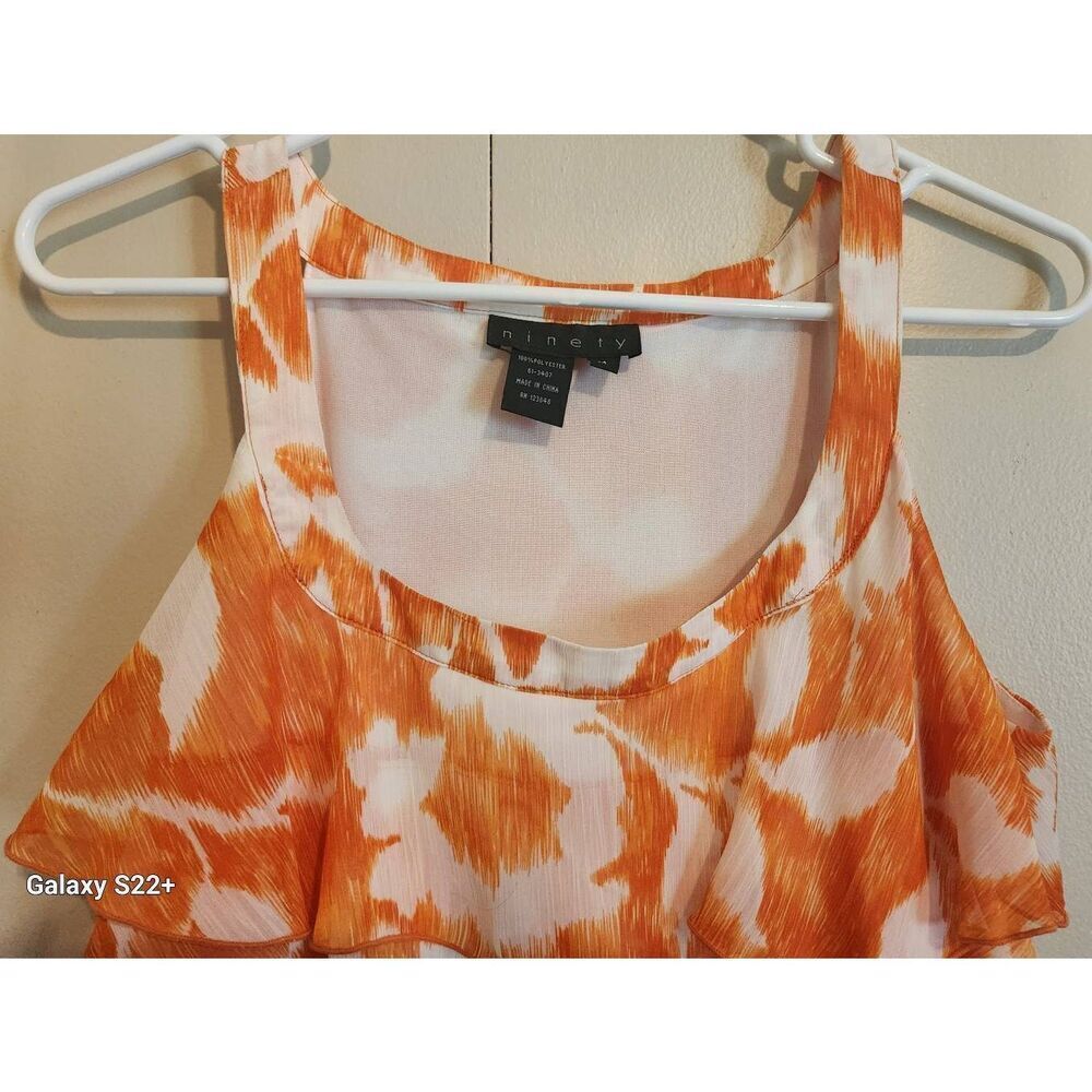 F21 Ninety ruffly orange and white floral blouse sleeveless tank w/straps - Picture 2 of 9